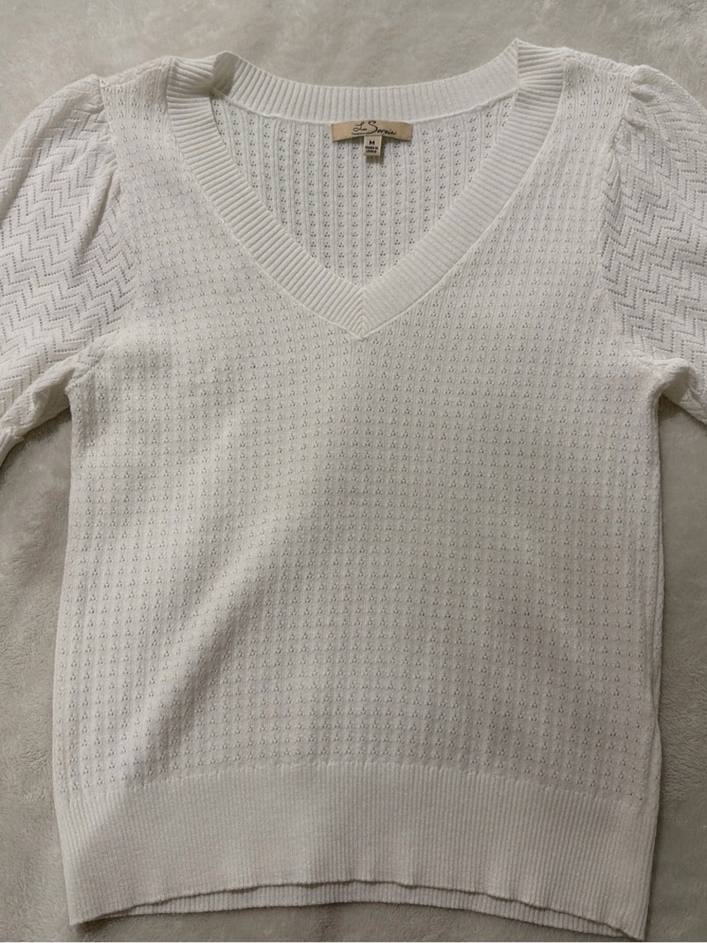Les Serein White V-Neck Pointelle Knit Sweater